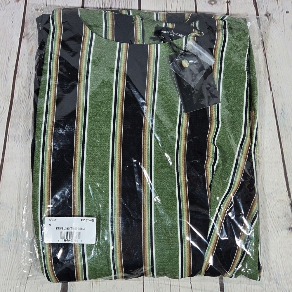 Area Stars Stripe Long Tiered Dress Green Black‎ XS ASDJ23308GS Open Back Maxi - Picture 9 of 9